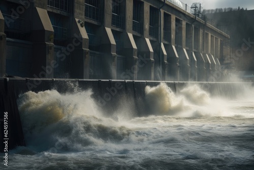 close-up of hydroelectric power plant, with the rushing water and electricity visible, created with generative ai