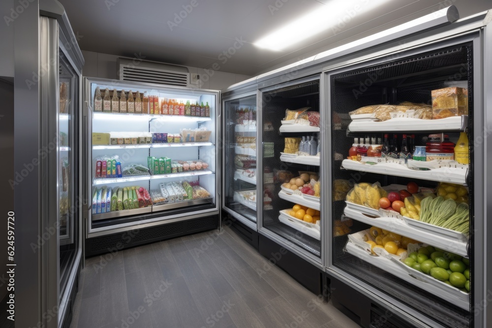 walk-in refrigerator with variety of foods and beverages, including fruits, vegetables, meat, and dairy products, created with generative ai