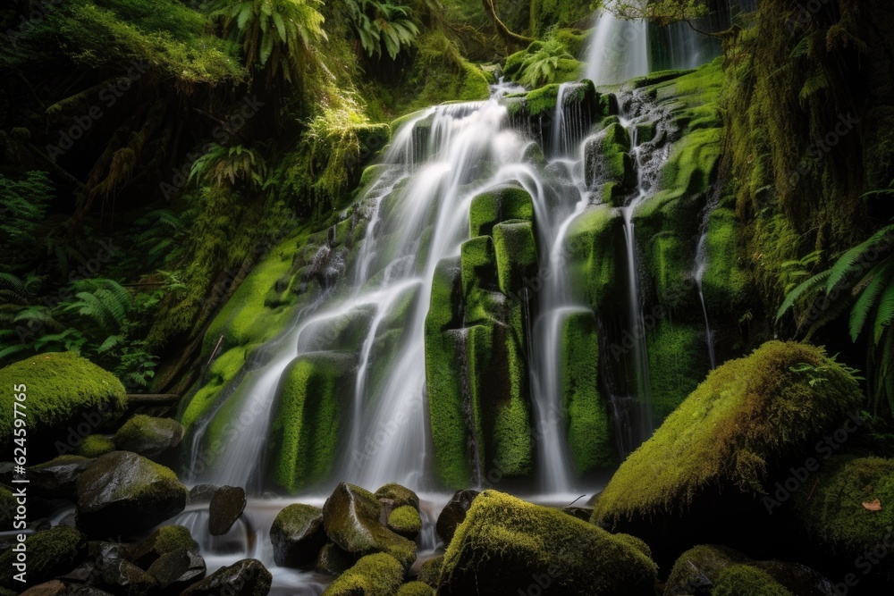 waterfall, cascading over mossy rock, surrounded by lush greenery, created with generative ai