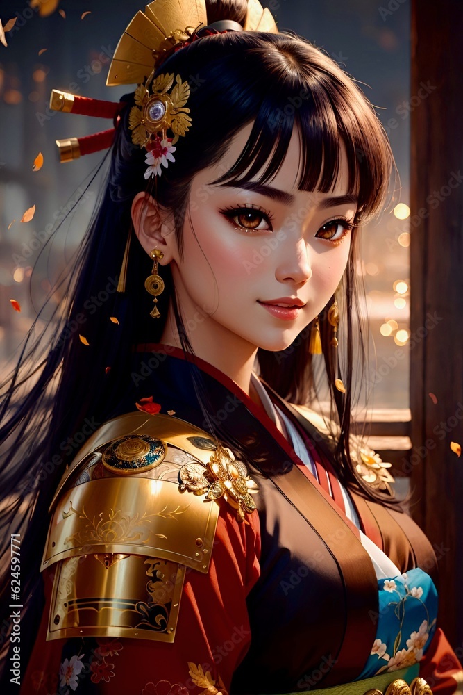 A striking portrait of a captivating Asian modern female samurai warrior model with long black hair, adorned with a golden metal shoulder armor, posing at sunset on a balcony.