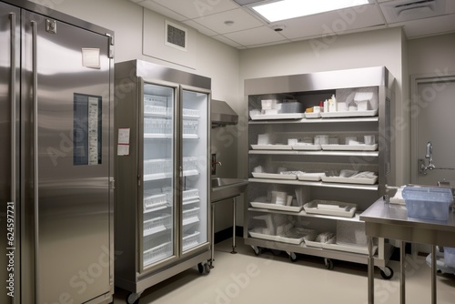 refrigerator and freezer in medical facility, with equipment and supplies for surgeries on display, created with generative ai