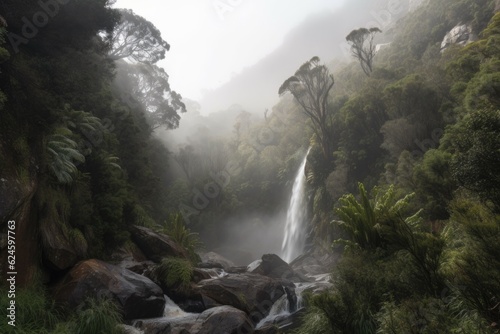 majestic waterfall, with the mist rising into the air and the surrounding forest visible, created with generative ai