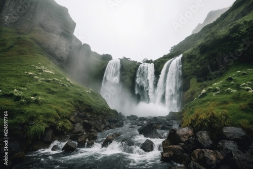 majestic waterfall with cascading water and mist in the distance, created with generative ai