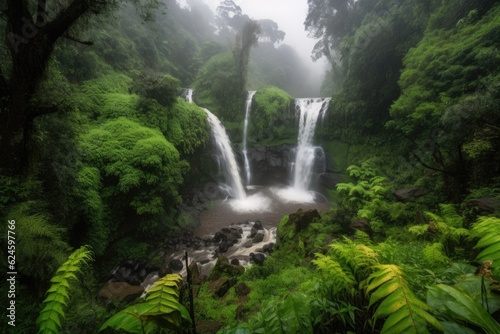 waterfall, surrounded by lush greenery and misty air, created with generative ai