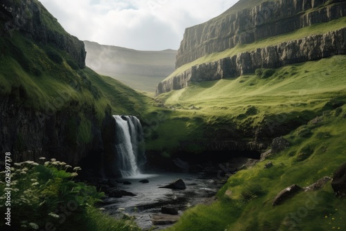 waterfall surrounded by lush greenery and towering cliffs  created with generative ai