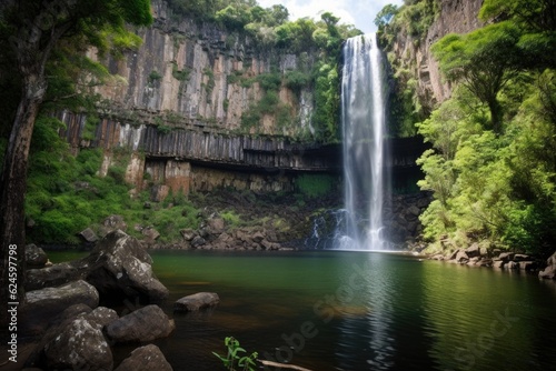 majestic waterfall cascading over towering cliffs into tranquil pool, created with generative ai