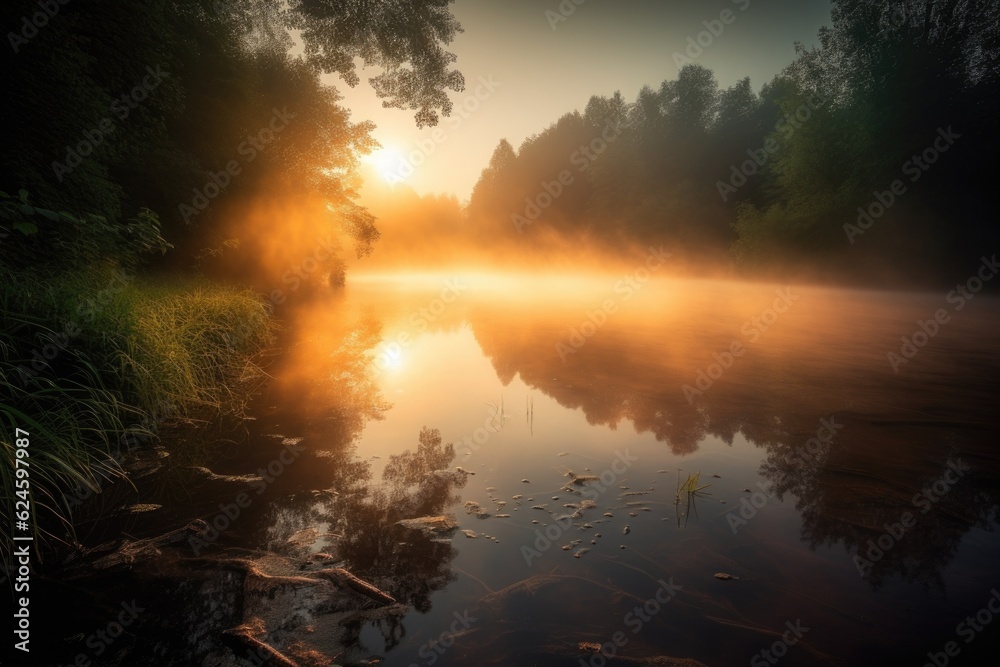 sunrise over tranquil lake, with mist rising from the water, created with generative ai