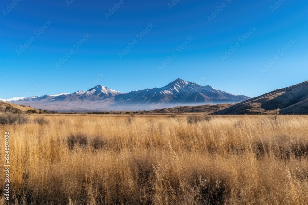 serene landscape featuring mountain range and clear blue skies, created with generative ai