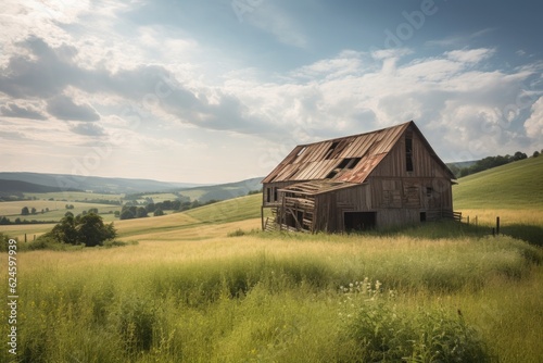 rustic barn surrounded by fields and rolling hills of the countryside, created with generative ai