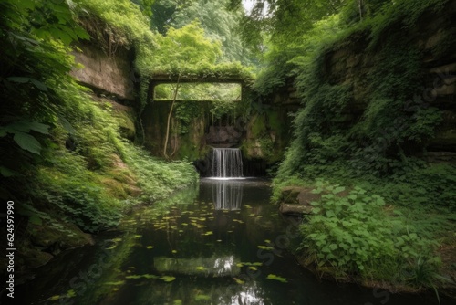 serene landscape with waterfall, surrounded by greenery, created with generative ai