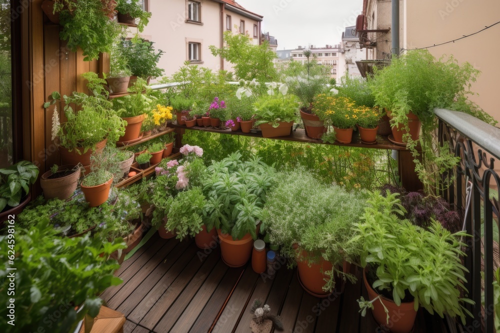 balcony filled with various types of herbs, creating a bountiful and fragrant garden, created with generative ai