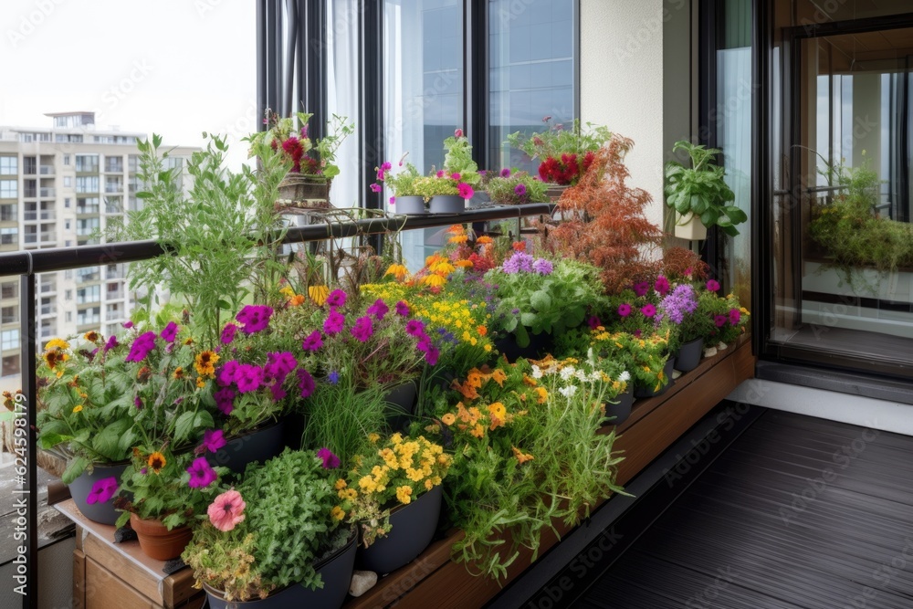 window garden overflowing with colorful blooms on a contemporary balcony, created with generative ai