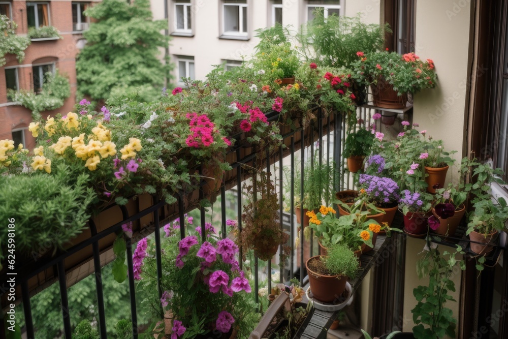 balcony garden overflowing with blooms and greenery in spring, created with generative ai