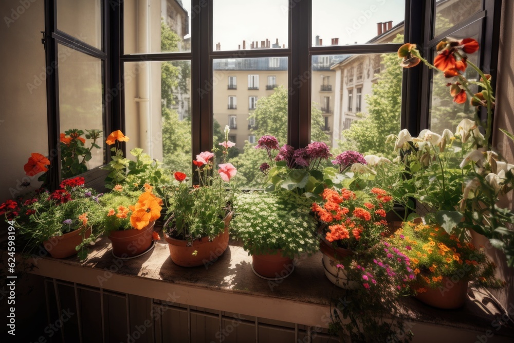 window garden filled with colorful flowers and herbs, on a sunny balcony, created with generative ai