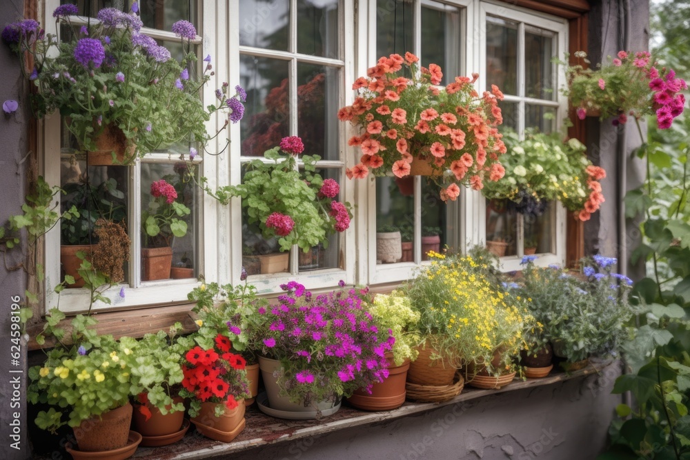 window garden overflowing with colorful blooms and herbs, created with generative ai