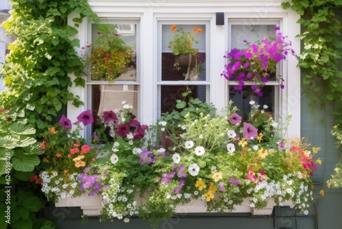 window garden overflowing with lush greenery and blooming flowers  created with generative ai