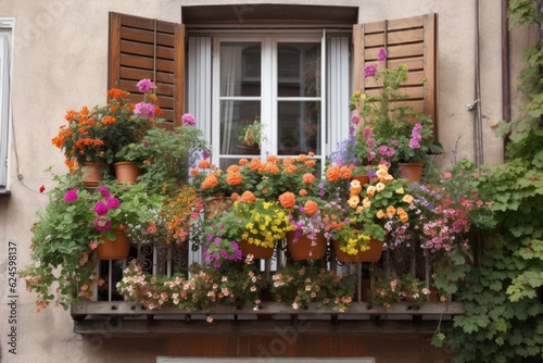 a vibrant window garden overflowing with blooms, complemented by a wooden balcony railing, created with generative ai