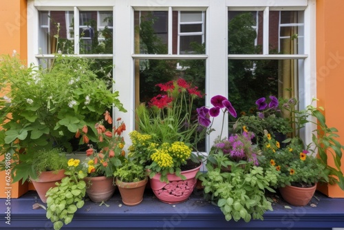 bright and colorful window garden with mix of foliage, blooms, and herbs, created with generative ai © altitudevisual