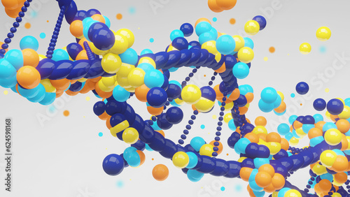 Fun and experimental celebratory image of a multicolored dna helix against a bright white background filled with color and movement (ID: 624598168)