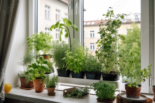 vertical garden with herbs, fruits, and vegetables on a window sill, created with generative ai