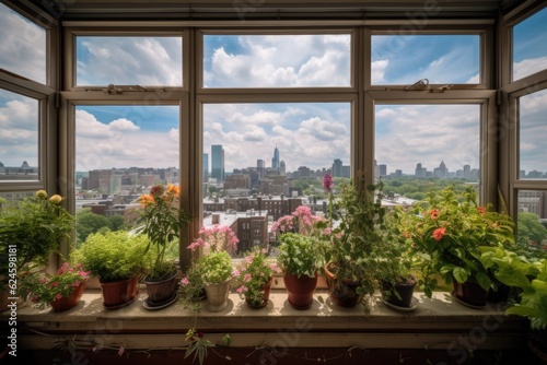 a window garden with a view of the city skyline  surrounded by greenery and flowers  created with generative ai