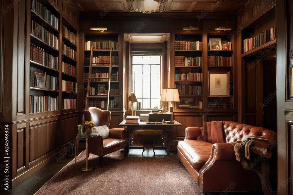 wood-paneled library filled with classic books, oversized armchair, and private study room, created with generative ai