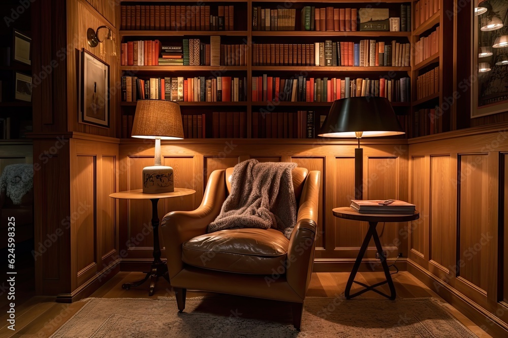 a cozy reading nook, with a plush armchair and a stack of books, surrounded by wood-paneled walls, created with generative ai a cozy reading nook, with a plush armchair and a stack of books, surrounded by wood-paneled walls, created with generative ai