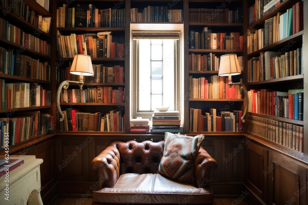 wood-paneled wall with built-in bookshelves and antique hardback books, created with generative ai wood-paneled wall with built-in bookshelves and antique hardback books, created with generative ai