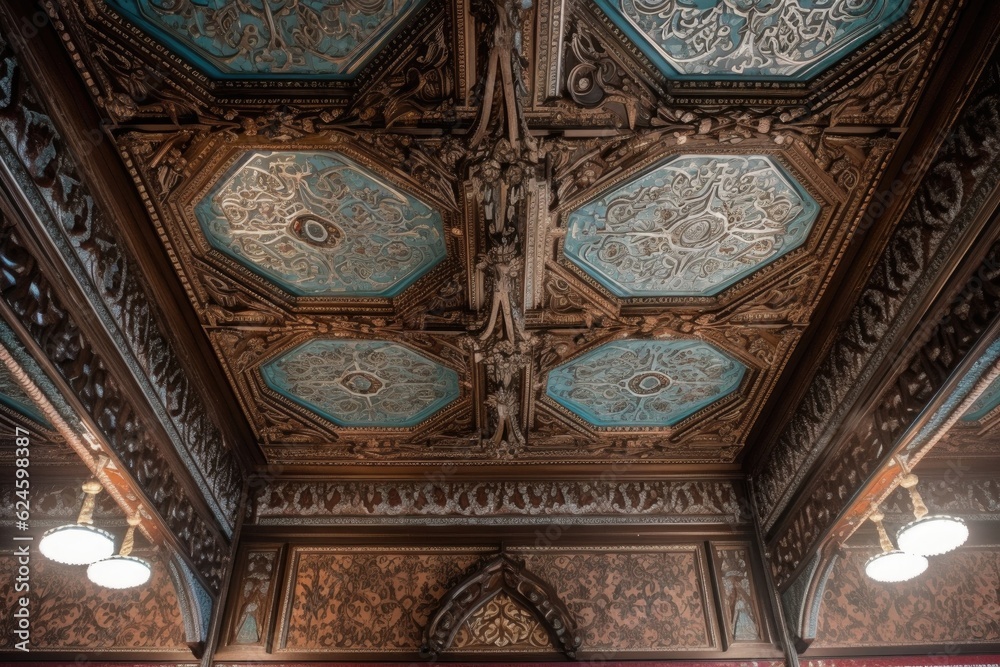 detailed view of a ceiling, with intricate patterns and decorations on display, created with generative ai