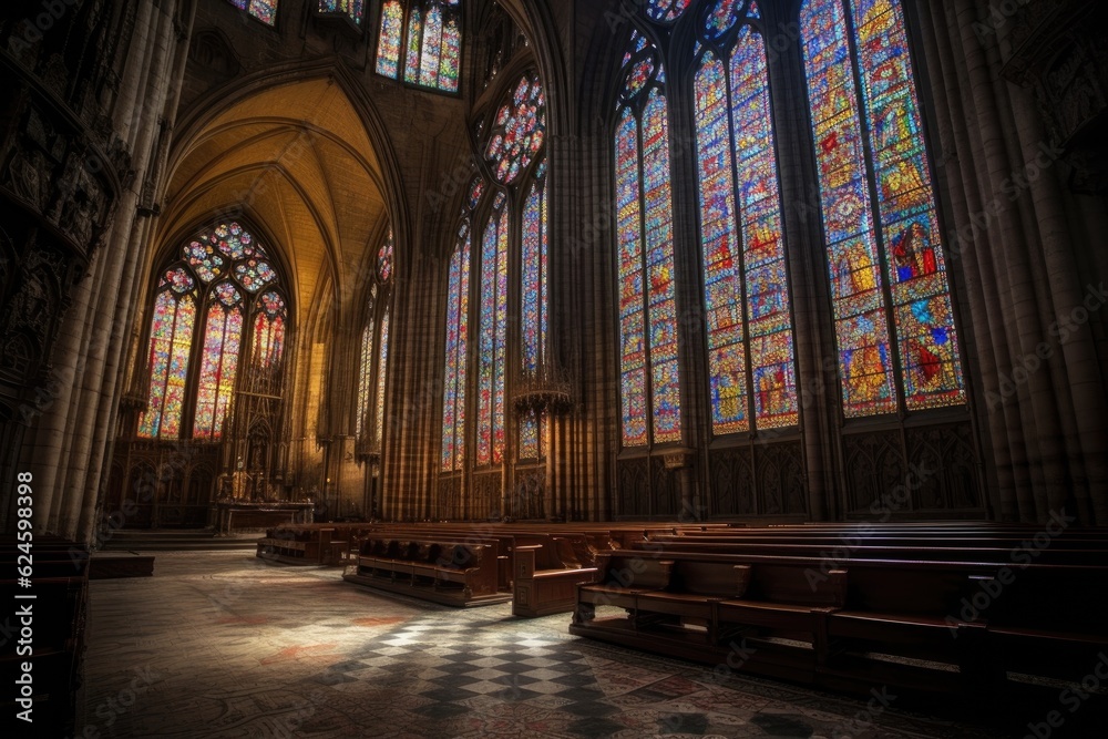 architectural detail of a cathedral with intricate carvings and stained glass windows, created with generative ai