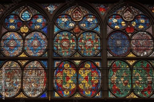 detailed view of stained glass window, featuring intricate and colorful designs, created with generative ai