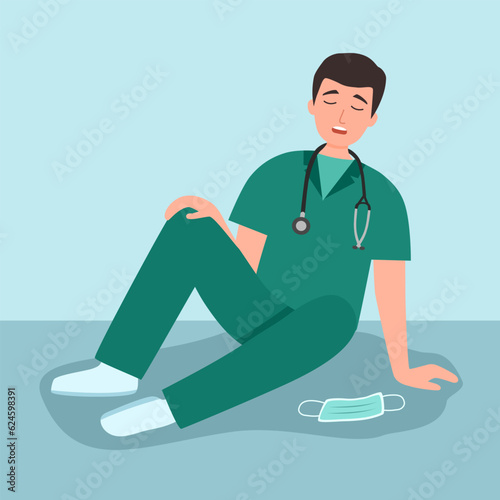 Tired overworked doctor sitting and sleeping on the floor.