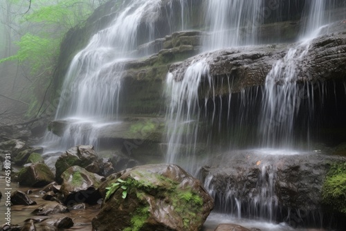 close-up of cascading spring waterfalls  with droplets of water and mist visible  created with generative ai
