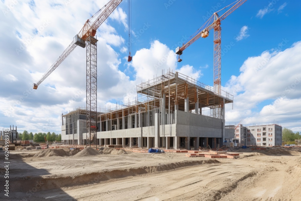 construction site with crane lifting concrete blocks in the air, created with generative ai