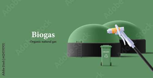Biogas Energy Power Plant, Green Energy, Alternative Power 3d render composition with hose for transport refueling