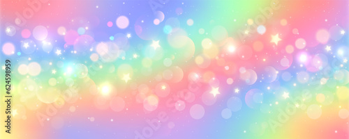 Rainbow unicorn background. Pastel glitter pink fantasy galaxy. Magic mermaid sky with bokeh. Holographic kawaii abstract space with stars and sparkles. Vector