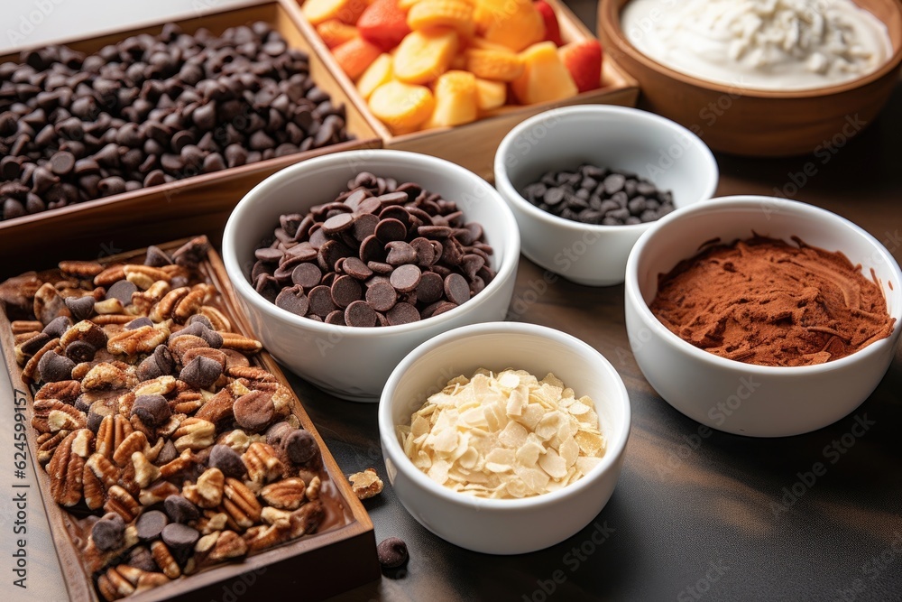 close-up of deconstructed dessert ingredients, including chocolate chips, nuts, and fruits, created with generative ai close-up of deconstructed dessert ingredients, including chocolate chips, nuts, and fruits, created with generative ai