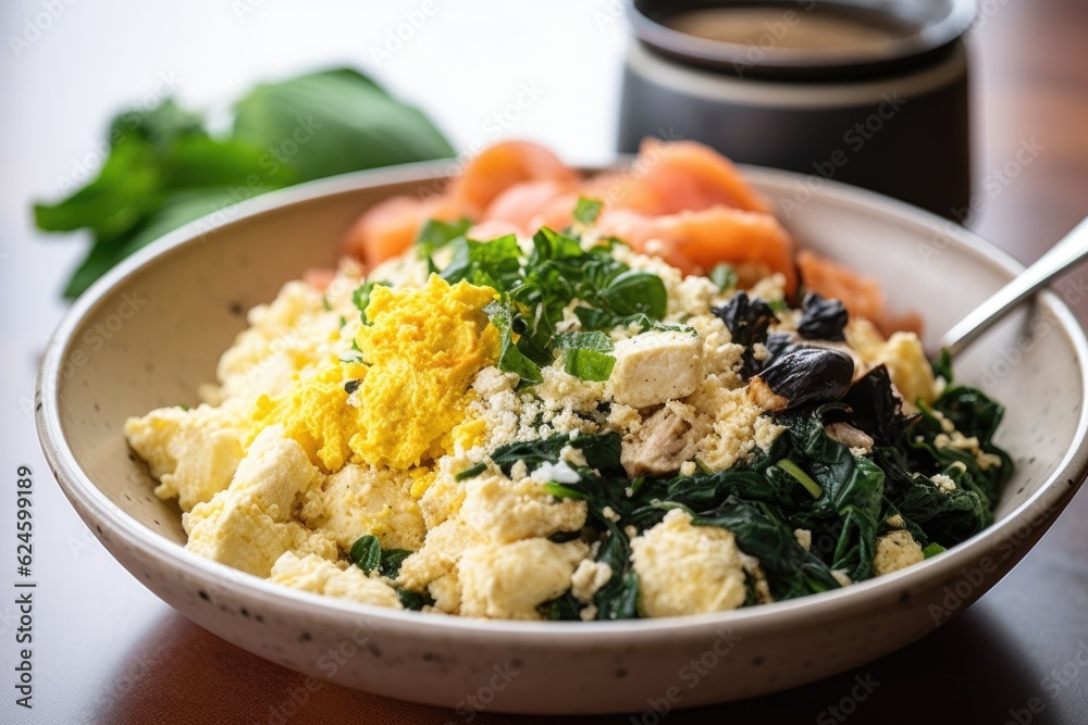 tofu scramble with scrambled eggs and cheese, topped with herbs, created with generative ai tofu scramble with scrambled eggs and cheese, topped with herbs, created with generative ai
