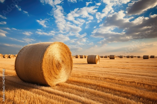 Round straw bales on farmland. Generative AI
