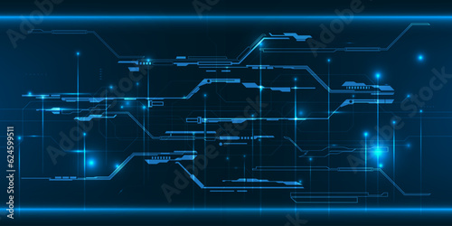 Vector illustrations of abstract blue digital hi tech background with glowing horizontal line and digital element circuit pattern.Digital technology concept.