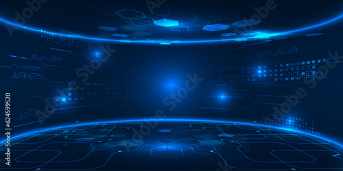 Vector illustrations of Futuristic  digital technology stage with glowing blue pedestal podium stage layout for hi tech showcase.Digital tech concept.