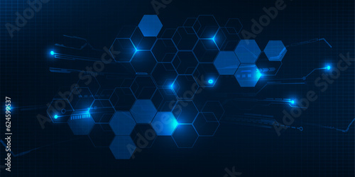 Vector illustration of futuristic digital horizontal space with digital grid line circuit and hexagon for hi tech advertising and game artwork.Digital communication innovation and technology concepts.