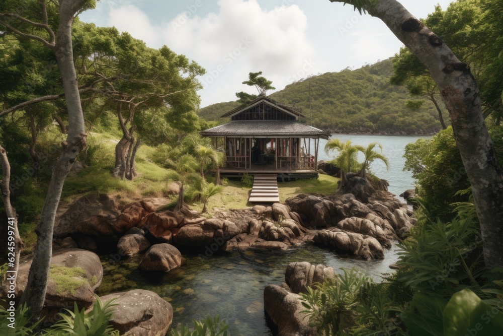remote island retreat with yoga and meditation space, surrounded by greenery, created with generative ai remote island retreat with yoga and meditation space, surrounded by greenery, created with generative ai
