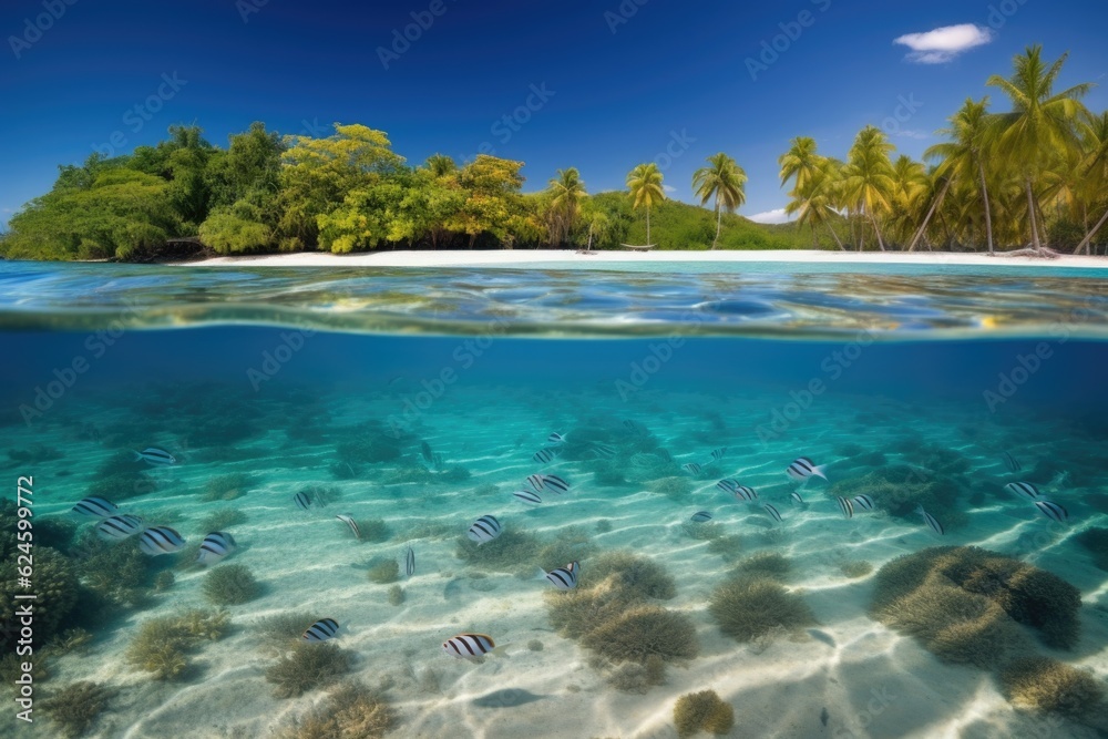 remote island beach with crystal-clear water and tropical fish, created with generative ai