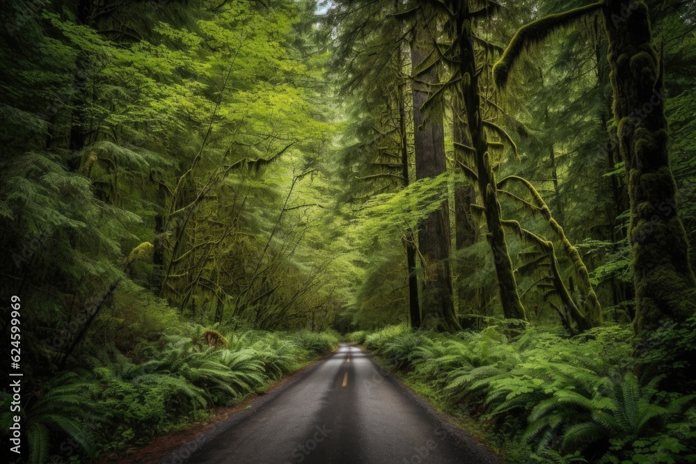 Fototapeta premium scenic road trip through a dense forest, with trees towering over the road, created with generative ai