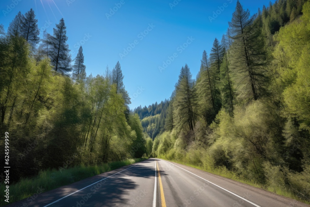 scenic road trip through the forest with clear blue skies, created with generative ai