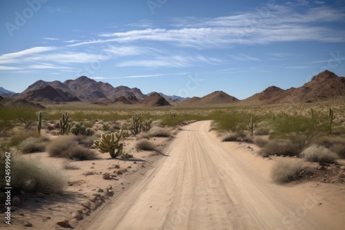 scenic road trip through the desert  with sand dunes and cacti in the background  created with generative ai