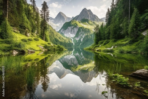reflection of mountain peaks in serene lake, surrounded by lush greenery, created with generative ai