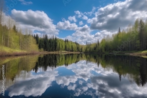 reflection of the sky and clouds on the still lake  surrounded by forest  created with generative ai