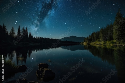 serene lake reflected in the night sky with stars shining, created with generative ai